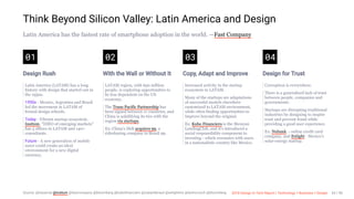 3/10/2018 2018 Design In Tech Report
http://jmmbp001.local:5757/?ckcachecontrol=1520689902#16 24/90
Think Beyond Silicon Valley: Latin America and Design
Latin America has the fastest rate of smartphone adoption in the world. —Fast Company
01
Design Rush
Latin America (LATAM) has a long
history with design that started out in
the 1950s.
1950s - Mexico, Argentina and Brazil
led the movement in LATAM of
formal design schools.
Today - Vibrant startup ecosystem.
Insitum, "IDEO of emerging markets"
has 5 offices in LATAM and 140+
consultants.
Future - A new generation of mobile
users could create an ideal
environment for a new digital
currency.
02
With the Wall or Without It
LATAM region, with 650 million
people, is exploring opportunities to
be less dependent on the US
economy.
The Trans Pacific Partnership has
been signed between 11 countries, and
China is solidifying its ties with the
region via startups.
Ex: China's Didi acquires 99, a
ridesharing company in Brazil 99.
03
Copy, Adapt and Improve
Increased activity in the startup
ecosystem in LATAM.
Many of the startups are adaptations
of successful models elsewhere
customized to LATAM environment,
while often finding opportunities to
improve beyond the original.
Ex: Kubo Financiero is the Mexican
LendingClub, and it's introduced a
social responsibility component to
investing - which resonates with users
in a nationalistic country like Mexico.
04
Design for Trust
Corruption is everywhere.
There is a generalized lack of trust
between people, companies and
governments.
Startups are disrupting traditional
industries by designing to inspire
trust and prevent fraud while
providing a good user experience.
Ex: Nubank. - online credit card
company, and Enlight - Mexico's
solar-energy startup.
Source: @luisarnal @insitum @fastcompany @bloomberg @kuboﬁnanciero @nubankbrasil @enlightmx @techcrunch @bloomberg 2018 Design In Tech Report | Technology × Business × Design 24 / 90
 