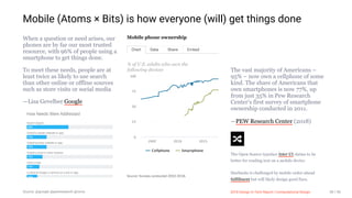 3/10/2018 2018 Design In Tech Report
http://jmmbp001.local:5757/?ckcachecontrol=1520689902#16 49/90
Mobile (Atoms × Bits) is how everyone (will) get things done
When a question or need arises, our
phones are by far our most trusted
resource, with 96% of people using a
smartphone to get things done.
To meet these needs, people are at
least twice as likely to use search
than other online or offline sources
such as store visits or social media
—Lisa Gevelber Google
Mobile phone ownership
ource:  urve  conducted 2002-2018.
Chart Data hare m ed
% of U.S. adults who own the
following devices
Cellphone Smartphone
The vast majority of Americans –
95% – now own a cellphone of some
kind. The share of Americans that
own smartphones is now 77%, up
from just 35% in Pew Research
Center’s first survey of smartphone
ownership conducted in 2011.
—PEW Research Center (2018)
The Open Source typeface Inter UI claims to be
better for reading text on a mobile device.
Starbucks is challenged by mobile order-ahead
fulfillment but will likely design good fixes.
Source: @google @pewresearch @rsms 2018 Design In Tech Report | Computational Design 49 / 90
 