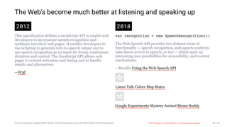 3/10/2018 2018 Design In Tech Report
http://jmmbp001.local:5757/?ckcachecontrol=1520689902#16 55/90
The Web's become much better at listening and speaking up
2012
This specification defines a JavaScript API to enable web
developers to incorporate speech recognition and
synthesis into their web pages. It enables developers to
use scripting to generate text-to-speech output and to
use speech recognition as an input for forms, continuous
dictation and control. The JavaScript API allows web
pages to control activation and timing and to handle
results and alternatives.
—W3C
2018
var recognition = new SpeechRecognition();
The Web Speech API provides two distinct areas of
functionality — speech recognition, and speech synthesis
(also know as text to speech, or tts) — which open up
interesting new possibilities for accessibility, and control
mechanisms.
—Mozilla Using the Web Speech API
Listen Talk Colors Map States
Google Experiments Mystery Animal Meme Buddy
Source: @codepen @jakemhiller @matt-west @rodriguesmarcos @nickfordesign @michaelarestad 2018 Design In Tech Report | Computational Design 55 / 90
 