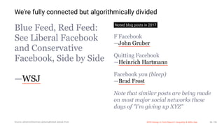 3/10/2018 2018 Design In Tech Report
http://jmmbp001.local:5757/?ckcachecontrol=1520689902#16 68/90
We're fully connected but algorithmically divided
Blue Feed, Red Feed:
See Liberal Facebook
and Conservative
Facebook, Side by Side
—WSJ
Noted blog posts in 2017
F Facebook
—John Gruber
Quitting Facebook
—Heinrich Hartmann
Facebook you (bleep)
—Brad Frost
Note that similar posts are being made
on most major social networks these
days of "I'm giving up XYZ"
Source: @heinrichhartman @daringﬁreball @brad_frost 2018 Design In Tech Report | Inequality & Skills Gap 68 / 90
 
