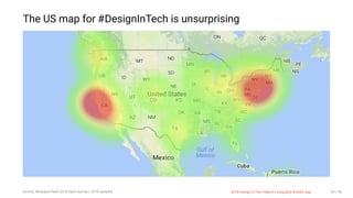 3/10/2018 2018 Design In Tech Report
http://jmmbp001.local:5757/?ckcachecontrol=1520689902#16 70/90
The US map for #DesignInTech is unsurprising
Source: #DesignInTech 2018 Open Survey | 1219 samples 2018 Design In Tech Report | Inequality & Skills Gap 70 / 90
 
