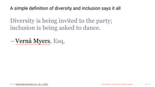 3/10/2018 2018 Design In Tech Report
http://jmmbp001.local:5757/?ckcachecontrol=1520689902#16 81/90
A simple deﬁnition of diversity and inclusion says it all
Diversity is being invited to the party;
inclusion is being asked to dance.
—Vernā Myers, Esq.
Source: American Bar Association, Vol. 1. No. 11 (2012) 2018 Design In Tech Report | Inclusive Design 81 / 90
 