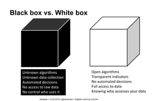 Black box vs. White box
Open algorithms
Transparent indicators
No automated decisions
Full access to data
Knowing who accesses your data
Unknown algorithms
Unknown data collection
Automated decisions
No access to raw data
No control who uses it
Adelaide | 12.03.2018 | @hdrachsler | Digitale Learning Summit
 