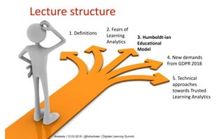 @HDrachsler, #
Slide 15 / 29
1. Definitions
2. Fears of
Learning
Analytics
Lecture structure
5. Technical
approaches
towards Trusted
Learning Analytics
3. Humboldt-ian
Educational
Model
4. New demands
from GDPR 2018
Adelaide | 12.03.2018 | @hdrachsler | Digitale Learning Summit
 