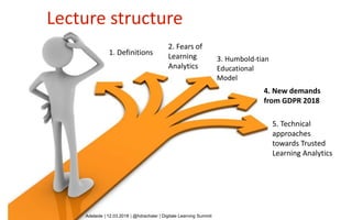 @HDrachsler, #
Slide 17 / 29
1. Definitions
2. Fears of
Learning
Analytics
Lecture structure
5. Technical
approaches
towards Trusted
Learning Analytics
3. Humbold-tian
Educational
Model
4. New demands
from GDPR 2018
Adelaide | 12.03.2018 | @hdrachsler | Digitale Learning Summit
 