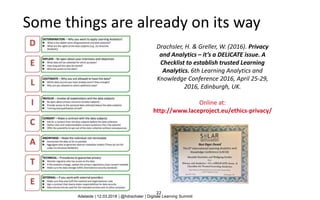 22
Drachsler, H. & Greller, W. (2016). Privacy
and Analytics – it’s a DELICATE issue. A
Checklist to establish trusted Learning
Analytics. 6th Learning Analytics and
Knowledge Conference 2016, April 25-29,
2016, Edinburgh, UK.
Online at:
http://www.laceproject.eu/ethics-privacy/
Adelaide | 12.03.2018 | @hdrachsler | Digitale Learning Summit
Some things are already on its way
 