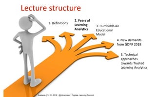 @HDrachsler, #
Slide 8 / 29 June
1. Definitions
2. Fears of
Learning
Analytics
Lecture structure
5. Technical
approaches
towards Trusted
Learning Analytics
3. Humboldt-ian
Educational
Model
4. New demands
from GDPR 2018
Adelaide | 12.03.2018 | @hdrachsler | Digitale Learning Summit
 
