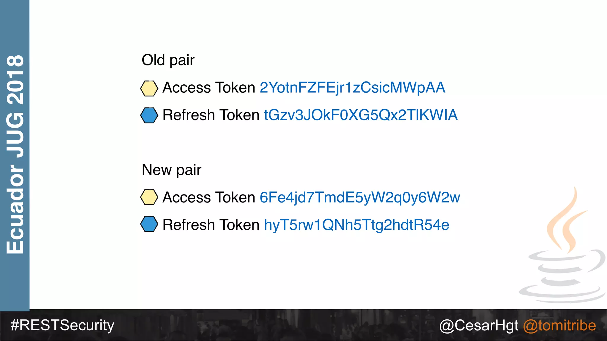 #RESTSecurity @CesarHgt @tomitribe
EcuadorJUG2018
Old pair
• Access Token 2YotnFZFEjr1zCsicMWpAA
• Refresh Token tGzv3JOkF0XG5Qx2TlKWIA
New pair
• Access Token 6Fe4jd7TmdE5yW2q0y6W2w
• Refresh Token hyT5rw1QNh5Ttg2hdtR54e
 