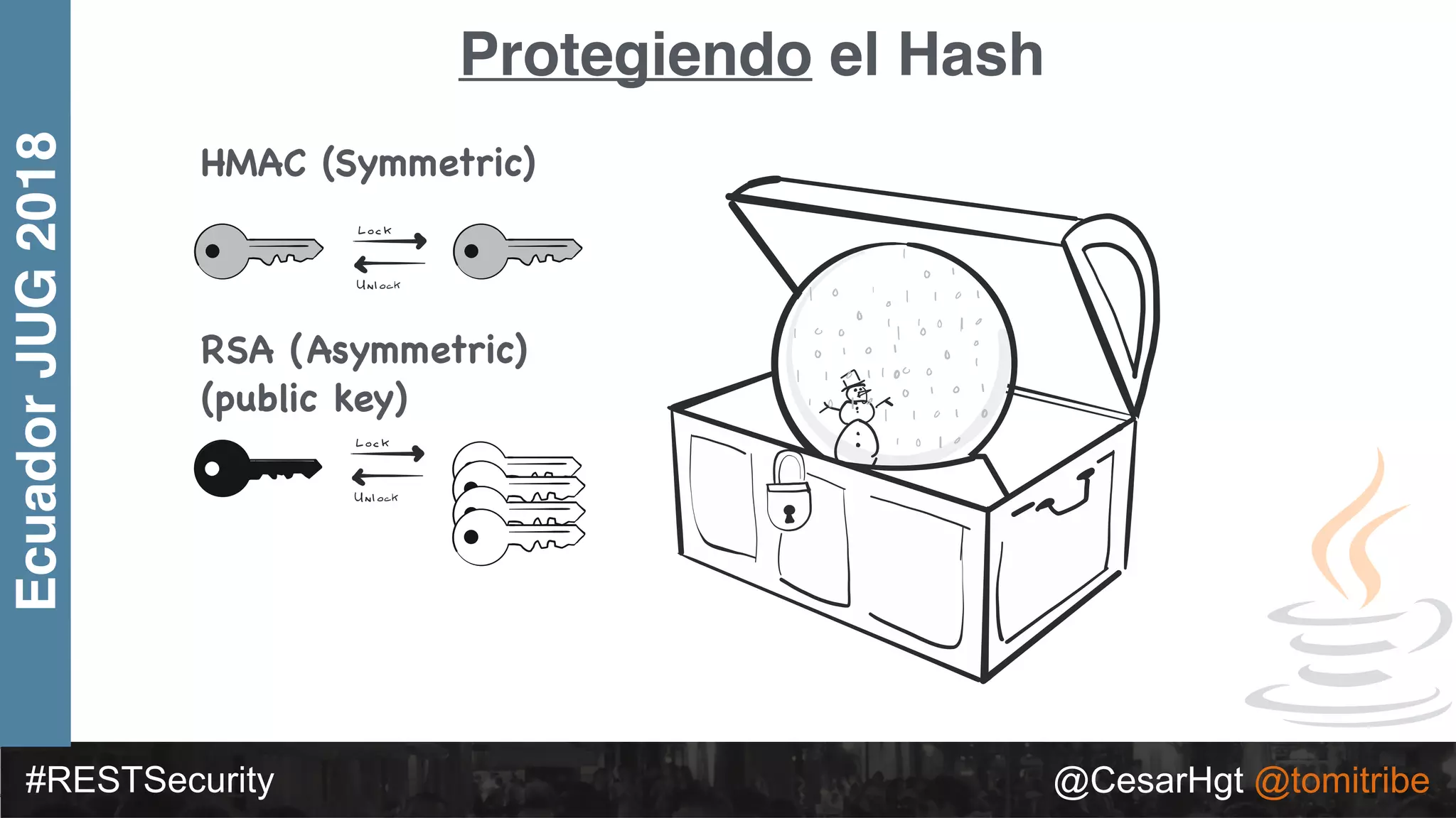 #RESTSecurity @CesarHgt @tomitribe
EcuadorJUG2018 Protegiendo el Hash
HMAC (Symmetric)
RSA (Asymmetric)
(public key)
 