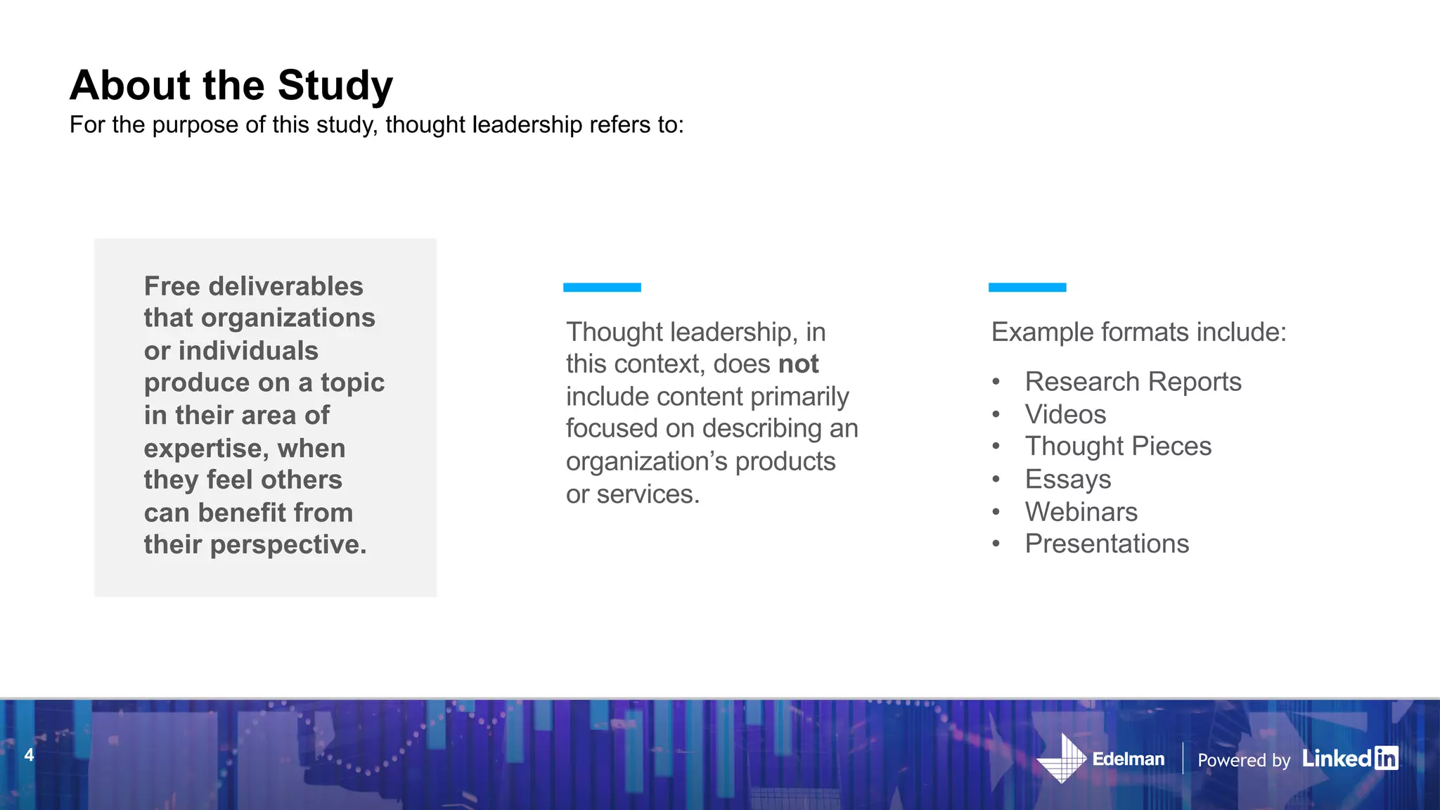 Powered by
Free deliverables
that organizations
or individuals
produce on a topic
in their area of
expertise, when
they feel others
can benefit from
their perspective.
About the Study
Example formats include:
• Research Reports
• Videos
• Thought Pieces
• Essays
• Webinars
• Presentations
Thought leadership, in
this context, does not
include content primarily
focused on describing an
organization’s products
or services.
For the purpose of this study, thought leadership refers to:
Powered by4
 