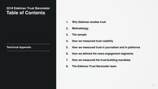 1. Why Edelman studies trust
2. Methodology
3. The sample
4. How we measured trust volatility
5. How we measured trust in journalism and in platforms
6. How we defined the news engagement segments
7. How we measured the trust-building mandates
8. The Edelman Trust Barometer team
2
2018 Edelman Trust Barometer
Table of Contents
Technical Appendix
 