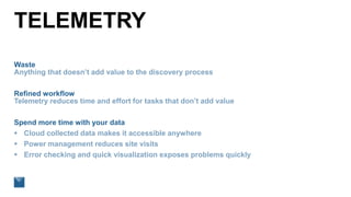 TELEMETRY
Waste
Anything that doesn’t add value to the discovery process
Refined workflow
Telemetry reduces time and effort for tasks that don’t add value
Spend more time with your data
 Cloud collected data makes it accessible anywhere
 Power management reduces site visits
 Error checking and quick visualization exposes problems quickly
 