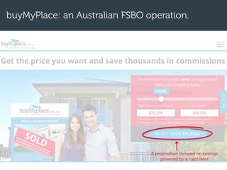 buyMyPlace: an Australian FSBO operation.
A proposition focused on savings,
powered by a calculator.
 