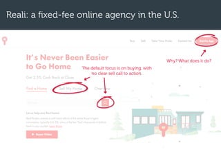 Reali: a fixed-fee online agency in the U.S.
The default focus is on buying, with
no clear sell call to action.
Why? What does it do?
 