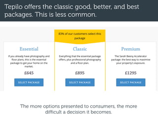 Tepilo offers the classic good, better, and best
packages. This is less common.
The more options presented to consumers, the more
difficult a decision it becomes.
 