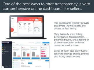 One of the best ways to offer transparency is with
comprehensive online dashboards for sellers.
The dashboards typically provide
customers (home sellers) 24/7
access to their listing.
They typically show listing
performance, feedback from
potential buyers, and a record of
all communication with the
customer service team.
Some of them also allow home
sellers to change pricing, photos,
and listing details online.
 