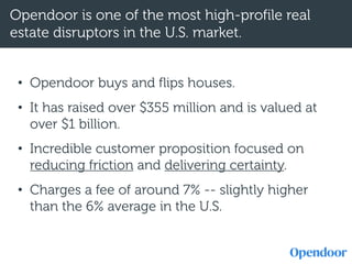 Opendoor is one of the most high-profile real
estate disruptors in the U.S. market.
• Opendoor buys and flips houses.
• It has raised over $355 million and is valued at
over $1 billion.
• Incredible customer proposition focused on
reducing friction and delivering certainty.
• Charges a fee of around 7% -- slightly higher
than the 6% average in the U.S.
 