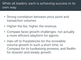 While all leaders, each is achieving success in its
own way.
• Strong correlation between price point and
transaction volumes.
• Higher the fee, higher the revenue.
• Compass faces growth challenges; not actually
a more efficient playform for agents.
• Hats off to Purplebricks for the incredible
volume growth in such a short time, to
Compass for its fundraising prowess, and Redfin
for slow(er) and steady growth.
 
