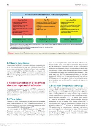 .....................................................................................
6.4 Gaps in the evidence
In the setting of NSTE-ACS, there are no dedicated prospective stud-
ies on the revascularization strategy with multivessel disease. Thus,
current recommendations on the choice of lesions to be treated and
treatment modality (PCI or CABG) are based on an analogy to find-
ings obtained in SCAD or STEMI. Likewise, the prognostic role of
FFR and iwFR in guiding myocardial revascularization needs additional
clarification.
7 Revascularization in ST-segment
elevation myocardial infarction
Myocardial revascularization in patients with STEMI is addressed by
the 2017 ESC Guidelines on STEMI. After reviewing the subsequent
literature, the current Task Force endorses most recommendations
of these Guidelines.198
7.1 Time delays
Delays in the timely implementation of reperfusion therapy are key
issues in the management of STEMI. Detailed recommendations on
timelines, logistics, and pre-hospital management have been provided
in the recent ESC STEMI Guidelines (Figure 5).198
A recent analysis of 12 675 STEMI patients in the FITT-STEMI
(Feedback Intervention and Treatment Times in ST-Elevation
Myocardial Infarction) trial emphasizes the strong impact of time
delays on mortality, particularly in STEMI patients with cardiogenic
shock or out-of-hospital cardiac arrest.199
In shock without out-of-
hospital cardiac arrest, every 10 min treatment delay between
60–180 min from the first medical contact resulted in 3.3 additional
deaths per 100 PCI-treated patients, and in 1.3 additional deaths after
out-of-hospital cardiac arrest without cardiogenic shock. In stable
STEMI patients, time delays were substantially less relevant (0.3 addi-
tional deaths per 100 PCI-treated patients for every 10 min delay
between 60–180 min from the first medical contact). Thus, high-risk
STEMI patients with cardiogenic shock or out-of-hospital cardiac
arrest are those who benefit most from expediting all steps of the
care pathway.
7.2 Selection of reperfusion strategy
Primary PCI, defined as percutaneous catheter intervention in the
setting of STEMI without previous fibrinolysis, is the preferred reper-
fusion strategy. It has replaced fibrinolysis in patients with STEMI, pro-
vided it can be performed in a timely manner in high-volume PCI
centres with experienced operators and 24 h/7 days a week catheter-
ization laboratory activation.198,200,201
In settings where primary
PCI cannot be performed in a timely fashion, fibrinolysis should be
administered as soon as possible. If first medical contact (FMC) is
out-of-hospital, lysis should be implemented pre-hospital (e.g. in the
ambulance) (Figure 5).202–206
It should be followed by transfer to
PCI-capable centres for routine coronary angiography in all patients,
and should be performed without delay for rescue PCI in the case of
unsuccessful fibrinolysis or within 2–24 h after bolus administra-
tion.198
Emergency CABG may be indicated in selected STEMI
patients unsuitable for PCI.
Figure 4 Selection of non-ST-elevation acute coronary syndrome treatment strategy and timing according to initial risk stratification.
26 ESC/EACTS Guidelines
Downloaded from https://academic.oup.com/eurheartj/advance-article-abstract/doi/10.1093/eurheartj/ehy394/5079120
by guest
on 26 August 2018
 