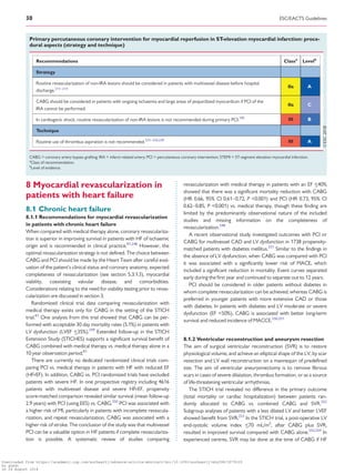 ...............................................................................................................
8 Myocardial revascularization in
patients with heart failure
8.1 Chronic heart failure
8.1.1 Recommendations for myocardial revascularization
in patients with chronic heart failure
When compared with medical therapy alone, coronary revasculariza-
tion is superior in improving survival in patients with HF of ischaemic
origin and is recommended in clinical practice.81,248
However, the
optimal revascularization strategy is not defined. The choice between
CABG and PCI should be made by the Heart Team after careful eval-
uation of the patient’s clinical status and coronary anatomy, expected
completeness of revascularization (see section 5.3.1.3), myocardial
viability, coexisting valvular disease, and comorbidities.
Considerations relating to the need for viability testing prior to revas-
cularization are discussed in section 3.
Randomized clinical trial data comparing revascularization with
medical therapy exists only for CABG in the setting of the STICH
trial.81
One analysis from this trial showed that CABG can be per-
formed with acceptable 30 day mortality rates (5.1%) in patients with
LV dysfunction (LVEF _35%).249
Extended follow-up in the STICH
Extension Study (STICHES) supports a significant survival benefit of
CABG combined with medical therapy vs. medical therapy alone in a
10 year observation period.81
There are currently no dedicated randomized clinical trials com-
paring PCI vs. medical therapy in patients with HF with reduced EF
(HFrEF). In addition, CABG vs. PCI randomized trials have excluded
patients with severe HF. In one prospective registry including 4616
patients with multivessel disease and severe HFrEF, propensity
score-matched comparison revealed similar survival (mean follow-up
2.9 years) with PCI (using EES) vs. CABG.250
PCI was associated with
a higher risk of MI, particularly in patients with incomplete revascula-
rization, and repeat revascularization. CABG was associated with a
higher risk of stroke. The conclusion of the study was that multivessel
PCI can be a valuable option in HF patients if complete revasculariza-
tion is possible. A systematic review of studies comparing
revascularization with medical therapy in patients with an EF _40%
showed that there was a significant mortality reduction with CABG
(HR 0.66, 95% CI 0.61–0.72, P 0.001) and PCI (HR 0.73, 95% CI
0.62–0.85, P 0.001) vs. medical therapy, though these finding are
limited by the predominantly observational nature of the included
studies and missing information on the completeness of
revascularization.248
A recent observational study investigated outcomes with PCI or
CABG for multivessel CAD and LV dysfunction in 1738 propensity-
matched patients with diabetes mellitus.251
Similar to the findings in
the absence of LV dysfunction, when CABG was compared with PCI
it was associated with a significantly lower risk of MACE, which
included a significant reduction in mortality. Event curves separated
early during the first year and continued to separate out to 12 years.
PCI should be considered in older patients without diabetes in
whom complete revascularization can be achieved, whereas CABG is
preferred in younger patients with more extensive CAD or those
with diabetes. In patients with diabetes and LV moderate or severe
dysfunction (EF 50%), CABG is associated with better long-term
survival and reduced incidence of MACCE.250,251
8.1.2 Ventricular reconstruction and aneurysm resection
The aim of surgical ventricular reconstruction (SVR) is to restore
physiological volume, and achieve an elliptical shape of the LV, by scar
resection and LV wall reconstruction on a mannequin of predefined
size. The aim of ventricular aneurysmectomy is to remove fibrous
scars in cases of severe dilatation, thrombus formation, or as a source
of life-threatening ventricular arrhythmias.
The STICH trial revealed no difference in the primary outcome
(total mortality or cardiac hospitalization) between patients ran-
domly allocated to CABG vs. combined CABG and SVR.252
Subgroup analyses of patients with a less dilated LV and better LVEF
showed benefit from SVR.253
In the STICH trial, a post-operative LV
end-systolic volume index _70 mL/m2
, after CABG plus SVR,
resulted in improved survival compared with CABG alone.252,254
In
experienced centres, SVR may be done at the time of CABG if HF
Primary percutaneous coronary intervention for myocardial reperfusion in ST-elevation myocardial infarction: proce-
dural aspects (strategy and technique)
Recommendations Classa
Levelb
Strategy
Routine revascularization of non-IRA lesions should be considered in patients with multivessel disease before hospital
discharge.211–214
IIa A
CABG should be considered in patients with ongoing ischaemia and large areas of jeopardized myocardium if PCI of the
IRA cannot be performed.
IIa C
In cardiogenic shock, routine revascularization of non-IRA lesions is not recommended during primary PCI.190
III B
Technique
Routine use of thrombus aspiration is not recommended.223–226,228
III A
CABG = coronary artery bypass grafting; IRA = infarct-related artery; PCI = percutaneous coronary intervention; STEMI = ST-segment elevation myocardial infarction.
a
Class of recommendation.
b
Level of evidence.
30 ESC/EACTS Guidelines
Downloaded from https://academic.oup.com/eurheartj/advance-article-abstract/doi/10.1093/eurheartj/ehy394/5079120
by guest
on 26 August 2018
 