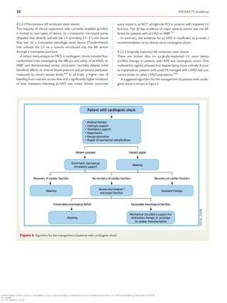 ............................................8.2.2.3 Percutaneous left ventricular assist devices
The majority of clinical experience with currently available pLVADs
is limited to two types of device: (i) a transaortic microaxial pump
(Impella) that directly unloads the LV providing 2.5 - 5 L/min blood
flow and (ii) a transseptal centrifugal assist device (TandemHeart)
that unloads the LV via a cannula introduced into the left atrium
through a transseptal puncture.
A recent meta-analysis on MCS in cardiogenic shock included four
randomized trials investigating the efficacy and safety of pLVADs vs.
IABP, and demonstrated similar short-term mortality despite initial
beneficial effects on arterial blood pressure and peripheral perfusion,
measured by serum lactate levels.266
In all trials, a higher rate of
bleeding from vascular access sites and a significantly higher incidence
of limb ischaemia following pLVAD was noted. Similar outcomes
were noted in an RCT of high-risk PCI in patients with impaired LV
function. The 30 day incidence of major adverse events was not dif-
ferent for patients with pLVAD vs. IABP.267
In summary, the evidence for pLVAD is insufficient to provide a
recommendation on its clinical use in cardiogenic shock.
8.2.2.4 Surgically implanted left ventricular assist devices
There are limited data on surgically-implanted LV assist device
(LVAD) therapy in patients with AMI and cardiogenic shock. One
multicentre registry showed that despite being more critically ill prior
to implantation, patients with acute MI managed with LVAD had out-
comes similar to other LVAD populations.268
A suggested algorithm for the management of patients with cardio-
genic shock is shown in Figure 6.
Figure 6 Algorithm for the management of patients with cardiogenic shock.
32 ESC/EACTS Guidelines
Downloaded from https://academic.oup.com/eurheartj/advance-article-abstract/doi/10.1093/eurheartj/ehy394/5079120
by guest
on 26 August 2018
 