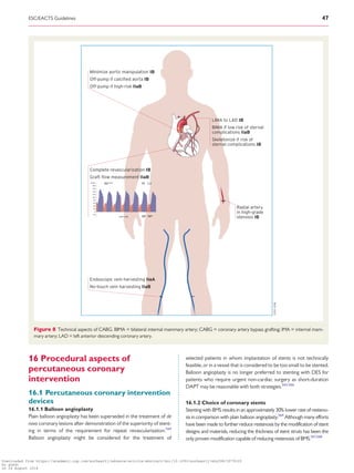 .....................................
16 Procedural aspects of
percutaneous coronary
intervention
16.1 Percutaneous coronary intervention
devices
16.1.1 Balloon angioplasty
Plain balloon angioplasty has been superseded in the treatment of de
novo coronary lesions after demonstration of the superiority of stent-
ing in terms of the requirement for repeat revascularization.564
Balloon angioplasty might be considered for the treatment of
selected patients in whom implantation of stents is not technically
feasible, or in a vessel that is considered to be too small to be stented.
Balloon angioplasty is no longer preferred to stenting with DES for
patients who require urgent non-cardiac surgery as short-duration
DAPT may be reasonable with both strategies.565,566
16.1.2 Choice of coronary stents
Stenting with BMS results in an approximately 30% lower rate of resteno-
sis in comparison with plain balloon angioplasty.564
Although many efforts
have been made to further reduce restenosis by the modification of stent
designs and materials, reducing the thickness of stent struts has been the
only proven modification capable of reducing restenosis of BMS.567,568
LIMA to LAD IB
BIMA if low risk of sternal
complications IIaB
Skeletonize if risk of
sternal complications IB
Complete revascularization IB
Graft flow measurement IIaB
Minimize aortic manipulation IB
Off-pump if calcified aorta IB
Off-pump if high-risk IIaB
Radial artery
in high-grade
stenosis IB
Endoscopic vein harvesting IIaA
No-touch vein harvesting IIaB
180
160
140
120
100
80
60
40
20
0
-20
ml/min ml/min
LITA- LAD
93 PI 1.3
DF 74%
©ESC2018
Figure 8 Technical aspects of CABG. BIMA = bilateral internal mammary artery; CABG = coronary artery bypass grafting; IMA = internal mam-
mary artery; LAD = left anterior descending coronary artery.
ESC/EACTS Guidelines 47
Downloaded from https://academic.oup.com/eurheartj/advance-article-abstract/doi/10.1093/eurheartj/ehy394/5079120
by guest
on 26 August 2018
 