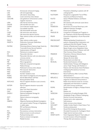 ............................................................................................................................................................................IVUS Intravascular ultrasound imaging
LAA Left atrial appendage
LAD Left anterior descending
LEAD Lower extremity artery disease
LGE-CMR Late gadolinium enhancement cardiac
magnetic resonance
LIMA Left internal mammary artery
LM/LMS Left main/left main stem
LMWH Low-molecular-weight heparin
LPR Low platelet reactivity
LV Left ventricle/left ventricular
LVAD Left ventricular assist device,
LVEF Left ventricular ejection fraction
MACCE Major adverse cardiac and cerebrovascular
events
MACE Major adverse cardiac events
MADIT II Multicenter Automatic Deﬁbrillator
Implantation Trial II
MATRIX Minimizing Adverse Haemorrhagic Events by
Transradial Access Site and Systemic
Implementation of AngioX
MCS Mechanical circulatory support
MI Myocardial infarction
MINOCA Myocardial infarction with non-obstructive
coronary arteries
MLA Minimal luminal area
MR Mitral regurgitation
MSCT Multi-slice computed tomography
MT Medical therapy
MVD Multivessel coronary artery disease
MVO Microvascular obstruction
NAC N-acetylcysteine
NNT Number needed to treat
NOAC Non-vitamin K antagonist oral anticoagulant
NOBLE Nordic-Baltic-British Left Main
Revascularization Study
NSTE-ACS Non-ST-segment elevation acute coronary
syndrome
NSTEMI Non-ST-segment elevation myocardial
infarction
NYHA New York Heart Association
OAC Oral anticoagulation
OASIS-5 Optimal Antiplatelet Strategy for
Interventions-5
OCT Optical coherence tomography
OR Odds ratio
ORBITA Objective Randomised Blinded Investigation
with optimal medical Therapy of Angioplasty
in stable angina
PARR-2 PET and Recovery following
Revascularization
PCI Percutaneous coronary intervention
Pd/Pa Distal coronary to aortic pressure
PES Paclitaxel-eluting stent
PET Positron emission tomography
PF Platelet function
PIONEER Prevention of bleeding in patients with AF
undergoing PCI
PLATFORM Prospective LongitudinAl Trial of FFRct:
Outcome and Resource Impacts,
PLATO Study of Platelet Inhibition and Patient
Outcomes
pLVAD Percutaneous left ventricular assist device
p.o. Per os (orally)
POSEIDON Prevention of Contrast Renal Injury with
Different Hydration Strategies
PPI Proton pump inhibitor
PRAGUE-18 Comparison of Prasugrel and Ticagrelor in
the Treatment of Acute Myocardial Infarction
PRAMI Preventive Angioplasty in Acute Myocardial
Infarction
PRECISE-DAPT PREdicting bleeding Complications In
patients undergoing Stent implantation and
subsEquent Dual Anti Platelet Therapy
PRECOMBAT Premier of Randomised Comparison of
Bypass Surgery versus Angioplasty Using
Sirolimus-Eluting Stent in Patients with Left
Main Coronary Artery Disease
PRESERVE Prevention of Serious Adverse Events
Following Angiography
q.d. Quaque die (once daily)
RCT Randomized controlled trial
RE-DUAL Randomised Evaluation of Dual
Antithrombotic Therapy with Dabigatran
versus Triple Therapy with Warfarin in
Patients with Nonvalvular Atrial Fibrillation
Undergoing Percutaneous Coronary
Intervention
REMEDIAL II Renal Insufﬁciency After Contrast Media
Administration II
REPLACE-2 The Randomised Evaluation in PCI Linking
Angiomax to Reduced Clinical Events 2
RIVAL Radial versus femoral access for coronary
angiography and intervention in patients
with acute coronary syndromes
ROMA Randomization of Single vs. Multiple Arterial
Grafts
RR Relative risk
SASSICAIA Comparison of Loading Strategies With
Antiplatelet Drugs in Patients Undergoing
Elective Coronary Intervention
SAVR Surgical aortic valve replacement
s.c. Subcutaneous
SCAD Stable coronary artery disease
SCD-HEFT Sudden Cardiac Death in Heart Failure Trial
SES Sirolimus-eluting stent
SHOCK Should We Emergently Revascularize
Occluded Coronaries for Cardiogenic Shock
SIMA Single internal mammary artery
SMART-DATE Smart Angioplasty Research Team-safety of
6-month duration of Dual Antiplatelet
Therapy after percutaneous coronary
6 ESC/EACTS Guidelines
Downloaded from https://academic.oup.com/eurheartj/advance-article-abstract/doi/10.1093/eurheartj/ehy394/5079120
by guest
on 26 August 2018
 