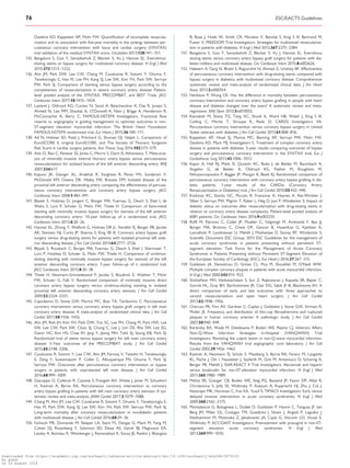 .............................................................................................................................................................................Dawkins KD, Kappetein AP, Mohr FW. Quantification of incomplete revascula-
rization and its association with five-year mortality in the synergy between per-
cutaneous coronary intervention with taxus and cardiac surgery (SYNTAX)
trial validation of the residual SYNTAX score. Circulation 2013;128:141–151.
135. Bangalore S, Guo Y, Samadashvili Z, Blecker S, Xu J, Hannan EL. Everolimus-
eluting stents or bypass surgery for multivessel coronary disease. N Engl J Med
2015;372:1213–1222.
136. Ahn JM, Park DW, Lee CW, Chang M, Cavalcante R, Sotomi Y, Onuma Y,
Tenekecioglu E, Han M, Lee PH, Kang SJ, Lee SW, Kim YH, Park SW, Serruys
PW, Park SJ. Comparison of stenting versus bypass surgery according to the
completeness of revascularization in severe coronary artery disease: Patient-
level pooled analysis of the SYNTAX, PRECOMBAT, and BEST Trials. JACC
Cardiovasc Interv 2017;10:1415–1424.
137. Layland J, Oldroyd KG, Curzen N, Sood A, Balachandran K, Das R, Junejo S,
Ahmed N, Lee MM, Shaukat A, O’Donnell A, Nam J, Briggs A, Henderson R,
McConnachie A, Berry C, FAMOUS-NSTEMI Investigators. Fractional flow
reserve vs. angiography in guiding management to optimize outcomes in non-
ST-segment elevation myocardial infarction: The British Heart Foundation
FAMOUS-NSTEMI randomized trial. Eur Heart J 2015;36:100–111.
138. Ad N, Holmes SD, Patel J, Pritchard G, Shuman DJ, Halpin L. Comparison of
EuroSCORE II, original EuroSCORE, and The Society of Thoracic Surgeons
Risk Score in cardiac surgery patients. Ann Thorac Surg 2016;102:573–579.
139. Aziz O, Rao C, Panesar SS, Jones C, Morris S, Darzi A, Athanasiou T. Meta-anal-
ysis of minimally invasive internal thoracic artery bypass versus percutaneous
revascularisation for isolated lesions of the left anterior descending artery. BMJ
2007;334:617.
140. Kapoor JR, Gienger AL, Ardehali R, Varghese R, Perez MV, Sundaram V,
McDonald KM, Owens DK, Hlatky MA, Bravata DM. Isolated disease of the
proximal left anterior descending artery comparing the effectiveness of percuta-
neous coronary interventions and coronary artery bypass surgery. JACC
Cardiovasc Interv 2008;1:483–491.
141. Blazek S, Holzhey D, Jungert C, Borger MA, Fuernau G, Desch S, Eitel I, de
Waha S, Lurz P, Schuler G, Mohr FW, Thiele H. Comparison of bare-metal
stenting with minimally invasive bypass surgery for stenosis of the left anterior
descending coronary artery: 10-year follow-up of a randomized trial. JACC
Cardiovasc Interv 2013;6:20–26.
142. Hannan EL, Zhong Y, Walford G, Holmes DR Jr, Venditti FJ, Berger PB, Jacobs
AK, Stamato NJ, Curtis JP, Sharma S, King SB III. Coronary artery bypass graft
surgery versus drug-eluting stents for patients with isolated proximal left ante-
rior descending disease. J Am Coll Cardiol 2014;64:2717–2126.
143. Blazek S, Rossbach C, Borger MA, Fuernau G, Desch S, Eitel I, Stiermaier T,
Lurz P, Holzhey D, Schuler G, Mohr FW, Thiele H. Comparison of sirolimus-
eluting stenting with minimally invasive bypass surgery for stenosis of the left
anterior descending coronary artery: 7-year follow-up of a randomized trial.
JACC Cardiovasc Interv 2015;8:30–38.
144. Thiele H, Neumann-Schniedewind P, Jacobs S, Boudriot E, Walther T, Mohr
FW, Schuler G, Falk V. Randomized comparison of minimally invasive direct
coronary artery bypass surgery versus sirolimus-eluting stenting in isolated
proximal left anterior descending coronary artery stenosis. J Am Coll Cardiol
2009;53:2324–2331.
145. Capodanno D, Stone GW, Morice MC, Bass TA, Tamburino C. Percutaneous
coronary intervention versus coronary artery bypass graft surgery in left main
coronary artery disease: A meta-analysis of randomized clinical data. J Am Coll
Cardiol 2011;58:1426–1432.
146. Ahn JM, Roh JH, Kim YH, Park DW, Yun SC, Lee PH, Chang M, Park HW, Lee
SW, Lee CW, Park SW, Choo SJ, Chung C, Lee J, Lim DS, Rha SW, Lee SG,
Gwon HC, Kim HS, Chae IH, Jang Y, Jeong MH, Tahk SJ, Seung KB, Park SJ.
Randomized trial of stents versus bypass surgery for left main coronary artery
disease: 5-Year outcomes of the PRECOMBAT study. J Am Coll Cardiol
2015;65:2198–2206.
147. Cavalcante R, Sotomi Y, Lee CW, Ahn JM, Farooq V, Tateishi H, Tenekecioglu
E, Zeng Y, Suwannasom P, Collet C, Albuquerque FN, Onuma Y, Park SJ,
Serruys PW. Outcomes after percutaneous coronary intervention or bypass
surgery in patients with unprotected left main disease. J Am Coll Cardiol
2016;68:999–1009.
148. Giacoppo D, Colleran R, Cassese S, Frangieh AH, Wiebe J, Joner M, Schunkert
H, Kastrati A, Byrne RA. Percutaneous coronary intervention vs coronary
artery bypass grafting in patients with left main coronary artery stenosis: A sys-
tematic review and meta-analysis. JAMA Cardiol 2017;2:1079–1088.
149. Chang M, Ahn JM, Lee CW, Cavalcante R, Sotomi Y, Onuma Y, Tenekecioglu E,
Han M, Park DW, Kang SJ, Lee SW, Kim YH, Park SW, Serruys PW, Park SJ.
Long-term mortality after coronary revascularization in nondiabetic patients
with multivessel disease. J Am Coll Cardiol 2016;68:29–36.
150. Farkouh ME, Domanski M, Sleeper LA, Siami FS, Dangas G, Mack M, Yang M,
Cohen DJ, Rosenberg Y, Solomon SD, Desai AS, Gersh BJ, Magnuson EA,
Lansky A, Boineau R, Weinberger J, Ramanathan K, Sousa JE, Rankin J, Bhargava
B, Buse J, Hueb W, Smith CR, Muratov V, Bansilal S, King S III, Bertrand M,
Fuster V; FREEDOM Trial Investigators. Strategies for multivessel revasculariza-
tion in patients with diabetes. N Engl J Med 2012;367:2375–2384.
151. Bangalore S, Guo Y, Samadashvili Z, Blecker S, Xu J, Hannan EL. Everolimus
eluting stents versus coronary artery bypass graft surgery for patients with dia-
betes mellitus and multivessel disease. Circ Cardiovasc Interv 2015;8:e002626.
152. Hakeem A, Garg N, Bhatti S, Rajpurohit N, Ahmed Z, Uretsky BF. Effectiveness
of percutaneous coronary intervention with drug-eluting stents compared with
bypass surgery in diabetics with multivessel coronary disease: Comprehensive
systematic review and meta-analysis of randomized clinical data. J Am Heart
Assoc 2013;2:e000354.
153. Herbison P, Wong CK. Has the difference in mortality between percutaneous
coronary intervention and coronary artery bypass grafting in people with heart
disease and diabetes changed over the years? A systematic review and meta-
regression. BMJ Open 2015;5:e010055.
154. Kamalesh M, Sharp TG, Tang XC, Shunk K, Ward HB, Walsh J, King S III,
Colling C, Moritz T, Stroupe K, Reda D; CARDS Investigators VA.
Percutaneous coronary intervention versus coronary bypass surgery in United
States veterans with diabetes. J Am Coll Cardiol 2013;61:808–816.
155. Kappetein AP, Head SJ, Morice MC, Banning AP, Serruys PW, Mohr FW,
Dawkins KD, Mack MJ, Investigators S. Treatment of complex coronary artery
disease in patients with diabetes: 5-year results comparing outcomes of bypass
surgery and percutaneous coronary intervention in the SYNTAX trial. Eur J
Cardiothorac Surg 2013;43:1006–1013.
156. Kapur A, Hall RJ, Malik IS, Qureshi AC, Butts J, de Belder M, Baumbach A,
Angelini G, de Belder A, Oldroyd KG, Flather M, Roughton M,
Nihoyannopoulos P, Bagger JP, Morgan K, Beatt KJ. Randomized comparison of
percutaneous coronary intervention with coronary artery bypass grafting in dia-
betic patients. 1-year results of the CARDia (Coronary Artery
Revascularization in Diabetes) trial. J Am Coll Cardiol 2010;55:432–440.
157. Koskinas KC, Siontis GC, Piccolo R, Franzone A, Haynes A, Rat-Wirtzler J,
Silber S, Serruys PW, Pilgrim T, Raber L, Heg D, Juni P, Windecker S. Impact of
diabetic status on outcomes after revascularization with drug-eluting stents in
relation to coronary artery disease complexity: Patient-level pooled analysis of
6081 patients. Circ Cardiovasc Interv 2016;9:e003255.
158. Roffi M, Patrono C, Collet JP, Mueller C, Valgimigli M, Andreotti F, Bax JJ,
Borger MA, Brotons C, Chew DP, Gencer B, Hasenfuss G, Kjeldsen K,
Lancellotti P, Landmesser U, Mehilli J, Mukherjee D, Storey RF, Windecker S;
Scientific Document ESC Group. 2015 ESC Guidelines for the management of
acute coronary syndromes in patients presenting without persistent ST-
segment elevation: Task Force for the Management of Acute Coronary
Syndromes in Patients Presenting without Persistent ST-Segment Elevation of
the European Society of Cardiology (ESC). Eur Heart J 2016;37:267–315.
159. Goldstein JA, Demetriou D, Grines CL, Pica M, Shoukfeh M, O’Neill WW.
Multiple complex coronary plaques in patients with acute myocardial infarction.
N Engl J Med 2000;343:915–922.
160. Shishehbor MH, Venkatachalam S, Sun Z, Rajeswaran J, Kapadia SR, Bajzer C,
Gornik HL, Gray BH, Bartholomew JR, Clair DG, Sabik JF III, Blackstone EH. A
direct comparison of early and late outcomes with three approaches to
carotid revascularization and open heart surgery. J Am Coll Cardiol
2013;62:1948–1956.
161. Cheruvu PK, Finn AV, Gardner C, Caplan J, Goldstein J, Stone GW, Virmani R,
Muller JE. Frequency and distribution of thin-cap fibroatheroma and ruptured
plaques in human coronary arteries: A pathologic study. J Am Coll Cardiol
2007;50:940–949.
162. Kerensky RA, Wade M, Deedwania P, Boden WE, Pepine CJ, Veterans Affairs
Non-Q-Wave Infarction Strategies in-Hospital (VANQWISH) Trial
Investigators. Revisiting the culprit lesion in non-Q-wave myocardial infarction.
Results from the VANQWISH trial angiographic core laboratory. J Am Coll
Cardiol 2002;39:1456–1463.
163. Kastrati A, Neumann FJ, Schulz S, Massberg S, Byrne RA, Ferenc M, Laugwitz
KL, Pache J, Ott I, Hausleiter J, Seyfarth M, Gick M, Antoniucci D, Schomig A,
Berger PB, Mehilli J; ISAR-REACT 4 Trial Investigators. Abciximab and heparin
versus bivalirudin for non-ST-elevation myocardial infarction. N Engl J Med
2011;365:1980–1989.
164. Mehta SR, Granger CB, Boden WE, Steg PG, Bassand JP, Faxon DP, Afzal R,
Chrolavicius S, Jolly SS, Widimsky P, Avezum A, Rupprecht HJ, Zhu J, Col J,
Natarajan MK, Horsman C, Fox KA, Yusuf S; TIMACS Investigators. Early versus
delayed invasive intervention in acute coronary syndromes. N Engl J Med
2009;360:2165–2175.
165. Montalescot G, Bolognese L, Dudek D, Goldstein P, Hamm C, Tanguay JF, ten
Berg JM, Miller DL, Costigan TM, Goedicke J, Silvain J, Angioli P, Legutko J,
Niethammer M, Motovska Z, Jakubowski JA, Cayla G, Visconti LO, Vicaut E,
Widimsky P; ACCOAST Investigators. Pretreatment with prasugrel in non-ST-
segment elevation acute coronary syndromes. N Engl J Med
2013;369:999–1010.
76 ESC/EACTS Guidelines
Downloaded from https://academic.oup.com/eurheartj/advance-article-abstract/doi/10.1093/eurheartj/ehy394/5079120
by guest
on 26 August 2018
 