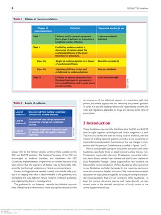 ....................................................................................
always refer to the full text version, which is freely available on the
ESC and EACTS websites. The National Societies of the ESC are
encouraged to endorse, translate, and implement the ESC
Guidelines. Implementation programmes are needed because it has
been shown that the outcome of disease may be favourably influ-
enced by the thorough application of clinical recommendations.
Surveys and registries are needed to verify that real-life daily prac-
tice is in keeping with what is recommended in the guidelines, thus
completing the loop between clinical research, writing of guidelines,
and implementing them in clinical practice.
The guidelines do not, however, override the individual responsi-
bility of healthcare professionals to make appropriate decisions in the
circumstances of the individual patients, in consultation with that
patient, and where appropriate and necessary the patient’s guardian
or carer. It is also the health professional’s responsibility to verify the
rules and regulations applicable to drugs and devices at the time of
prescription.
2 Introduction
These Guidelines represent the third time that the ESC and EACTS
have brought together cardiologists and cardiac surgeons in a joint
Task Force to review the ever-increasing body of evidence, with the
mission of drafting balanced, patient-centred practice Guidelines on
myocardial revascularization. Summaries of the key changes in com-
parison with the previous Guidelines are provided in Figures 1 and 2.
There is considerable overlap of the current document with other
Guidelines, specifically those on stable coronary artery disease, non-
ST-elevation myocardial infarction, ST-elevation myocardial infarc-
tion, heart failure, valvular heart disease and the Focused Update on
Dual Antiplatelet Therapy. Unless supported by new evidence, we
followed the recommendations of these Guidelines where pertinent
to our Guidelines, and refer the reader to the respective sections in
those documents for detailed discussion. We reserve more in-depth
discussion for topics that are specific to issues pertaining to myocar-
dial revascularization that are not covered in other Guidelines. To
keep the current document concise and reader-friendly, we also
moved some of the detailed descriptions of study results to the
online Supplementary Data.
Table 1 Classes of recommendations
©ESC2018
Classes of
recommendations
Definition Suggested wording to use
Class I Evidence and/or general agreement
that a given treatment or procedure is
beneficial, useful, effective.
Is recommended/is
indicated
Class II Conflicting evidence and/or a
divergence of opinion about the
usefulness/efficacy of the given
treatment or procedure.
Class IIa Weight of evidence/opinion is in favour
of usefulness/efficacy.
Should be considered
Class IIb Usefulness/efficacy is less well
established by evidence/opinion.
May be considered
Class III Evidence or general agreement that
the given treatment or procedure is
not useful/effective, and in some cases
may be harmful.
Is not recommended
Table 2 Levels of evidence
8 ESC/EACTS Guidelines
Downloaded from https://academic.oup.com/eurheartj/advance-article-abstract/doi/10.1093/eurheartj/ehy394/5079120
by guest
on 26 August 2018
 
