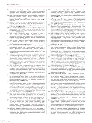 .............................................................................................................................................................................567. Kastrati A, Mehilli J, Dirschinger J, Dotzer F, Schuhlen H, Neumann FJ,
Fleckenstein M, Pfafferott C, Seyfarth M, Schomig A. Intracoronary stenting and
angiographic results: Strut thickness effect on restenosis outcome (ISAR-
STEREO) trial. Circulation 2001;103:2816–2821.
568. Pache J, Kastrati A, Mehilli J, Schuhlen H, Dotzer F, Hausleiter J, Fleckenstein M,
Neumann FJ, Sattelberger U, Schmitt C, Muller M, Dirschinger J, Schomig A.
Intracoronary stenting and angiographic results: Strut thickness effect on
restenosis outcome (ISAR-STEREO-2) trial. J Am Coll Cardiol 2003;41:
1283–1288.
569. Kastrati A, Mehilli J, Pache J, Kaiser C, Valgimigli M, Kelbaek H, Menichelli M,
Sabate M, Suttorp MJ, Baumgart D, Seyfarth M, Pfisterer ME, Schomig A.
Analysis of 14 trials comparing sirolimus-eluting stents with bare-metal stents.
N Engl J Med 2007;356:1030–1039.
570. Stone GW, Moses JW, Ellis SG, Schofer J, Dawkins KD, Morice MC, Colombo
A, Schampaert E, Grube E, Kirtane AJ, Cutlip DE, Fahy M, Pocock SJ, Mehran R,
Leon MB. Safety and efficacy of sirolimus- and paclitaxel-eluting coronary stents.
N Engl J Med 2007;356:998–1008.
571. Raber L, Magro M, Stefanini GG, Kalesan B, van Domburg RT, Onuma Y,
Wenaweser P, Daemen J, Meier B, Juni P, Serruys PW, Windecker S. Very late
coronary stent thrombosis of a newer-generation everolimus-eluting stent
compared with early-generation drug-eluting stents: A prospective cohort
study. Circulation 2012;125:1110–1121.
572. Stone GW, Rizvi A, Newman W, Mastali K, Wang JC, Caputo R, Doostzadeh J,
Cao S, Simonton CA, Sudhir K, Lansky AJ, Cutlip DE, Kereiakes DJ; SPIRIT IV
Investigators. Everolimus-eluting versus paclitaxel-eluting stents in coronary
artery disease. N Engl J Med 2010;362:1663–1674.
573. Serruys PW, Silber S, Garg S, van Geuns RJ, Richardt G, Buszman PE, Kelbaek
H, van Boven AJ, Hofma SH, Linke A, Klauss V, Wijns W, Macaya C, Garot P,
DiMario C, Manoharan G, Kornowski R, Ischinger T, Bartorelli A, Ronden J,
Bressers M, Gobbens P, Negoita M, van Leeuwen F, Windecker S. Comparison
of zotarolimus-eluting and everolimus-eluting coronary stents. N Engl J Med
2010;363:136–146.
574. Christiansen EH, Jensen LO, Thayssen P, Tilsted HH, Krusell LR, Hansen KN,
Kaltoft A, Maeng M, Kristensen SD, Botker HE, Terkelsen CJ, Villadsen AB,
Ravkilde J, Aaroe J, Madsen M, Thuesen L, Lassen JF; Scandinavian Organization
for Randomized Trials with Clinical Outcome (SORT OUT) V Investigators.
Biolimus-eluting biodegradable polymer-coated stent versus durable polymer-
coated sirolimus-eluting stent in unselected patients receiving percutaneous
coronary intervention (SORT OUT V): A randomised non-inferiority trial.
Lancet 2013;381:661–669.
575. Byrne RA, Kastrati A, Kufner S, Massberg S, Birkmeier KA, Laugwitz KL, Schulz
S, Pache J, Fusaro M, Seyfarth M, Schomig A, Mehilli J, Intracoronary S,
Angiographic Results: Test Efficacy of 3 Limus-Eluting Stents (ISAR-TEST-4)
Investigators. Randomized, non-inferiority trial of three limus agent-eluting
stents with different polymer coatings: The Intracoronary Stenting and
Angiographic Results: Test Efficacy of 3 Limus-Eluting Stents (ISAR-TEST-4)
Trial. Eur Heart J 2009;30:2441–2449.
576. Smits PC, Hofma S, Togni M, Vazquez N, Valdes M, Voudris V, Slagboom T,
Goy JJ, Vuillomenet A, Serra A, Nouche RT, den Heijer P, van der Ent M.
Abluminal biodegradable polymer biolimus-eluting stent versus durable polymer
everolimus-eluting stent (COMPARE II): A randomised, controlled, non-
inferiority trial. Lancet 2013;381:651–660.
577. Massberg S, Byrne RA, Kastrati A, Schulz S, Pache J, Hausleiter J, Ibrahim T,
Fusaro M, Ott I, Schomig A, Laugwitz KL, Mehilli J; Intracoronary Stenting and
Angiographic Results: Test Efficacy of Sirolimus- and Probucol-Eluting Versus
Zotarolimus- Eluting Stents (ISAR-TEST 5) Investigators. Polymer-free siroli-
mus- and probucol-eluting versus new generation zotarolimus-eluting stents in
coronary artery disease: the Intracoronary Stenting and Angiographic Results:
Test Efficacy of Sirolimus- and Probucol-Eluting versus Zotarolimus-eluting
Stents (ISAR-TEST 5) trial. Circulation 2011;124:624–632.
578. Byrne RA, Serruys PW, Baumbach A, Escaned J, Fajadet J, James S, Joner M,
Oktay S, Juni P, Kastrati A, Sianos G, Stefanini GG, Wijns W, Windecker S.
Report of a European Society of Cardiology-European Association of
Percutaneous Cardiovascular Interventions task force on the evaluation of cor-
onary stents in Europe: Executive summary. Eur Heart J 2015;36:2608–2620.
579. Bonaa KH, Mannsverk J, Wiseth R, Aaberge L, Myreng Y, Nygard O, Nilsen
DW, Klow NE, Uchto M, Trovik T, Bendz B, Stavnes S, Bjornerheim R, Larsen
AI, Slette M, Steigen T, Jakobsen OJ, Bleie O, Fossum E, Hanssen TA, Dahl-
Eriksen O, Njolstad I, Rasmussen K, Wilsgaard T, Nordrehaug JE; NORSTENT
Investigators. Drug-eluting or bare-metal stents for coronary artery disease. N
Engl J Med 2016;375:1242–1252.
580. Palmerini T, Benedetto U, Biondi-Zoccai G, Della Riva D, Bacchi-Reggiani L,
Smits PC, Vlachojannis GJ, Jensen LO, Christiansen EH, Berencsi K, Valgimigli M,
Orlandi C, Petrou M, Rapezzi C, Stone GW. Long-term safety of drug-eluting
and bare-metal stents: Evidence from a comprehensive network meta-analysis. J
Am Coll Cardiol 2015;65:2496–2507.
581. Varenne O, Cook S, Sideris G, Kedev S, Cuisset T, Carrie D, Hovasse T, Garot
P, El Mahmoud R, Spaulding C, Helft G, Diaz Fernandez JF, Brugaletta S, Pinar-
Bermudez E, Mauri Ferre J, Commeau P, Teiger E, Bogaerts K, Sabate M,
Morice MC, Sinnaeve PR; SENIOR Investigators. Drug-eluting stents in elderly
patients with coronary artery disease (SENIOR): A randomised single-blind trial.
Lancet 2018;391:41–50.
582. Kang SH, Park KW, Kang DY, Lim WH, Park KT, Han JK, Kang HJ, Koo BK, Oh
BH, Park YB, Kandzari DE, Cohen DJ, Hwang SS, Kim HS. Biodegradable-poly-
mer drug-eluting stents vs. bare metal stents vs. durable-polymer drug-eluting
stents: A systematic review and Bayesian approach network meta-analysis. Eur
Heart J 2014;35:1147–1158.
583. Pilgrim T, Heg D, Roffi M, Tuller D, Muller O, Vuilliomenet A, Cook S,
Weilenmann D, Kaiser C, Jamshidi P, Fahrni T, Moschovitis A, Noble S, Eberli
FR, Wenaweser P, Juni P, Windecker S. Ultrathin strut biodegradable polymer
sirolimus-eluting stent versus durable polymer everolimus-eluting stent for per-
cutaneous coronary revascularisation (BIOSCIENCE): A randomised, single-
blind, non-inferiority trial. Lancet 2014;384:2111–2122.
584. Kaiser C, Galatius S, Jeger R, Gilgen N, Skov Jensen J, Naber C, Alber H,
Wanitschek M, Eberli F, Kurz DJ, Pedrazzini G, Moccetti T, Rickli H,
Weilenmann D, Vuillomenet A, Steiner M, Von Felten S, Vogt DR, Wadt
Hansen K, Rickenbacher P, Conen D, Muller C, Buser P, Hoffmann A, Pfisterer
M BASKET-PROVE II Study Group. Long-term efficacy and safety of
biodegradable-polymer biolimus-eluting stents: Main results of the Basel Stent
Kosten-Effektivitats Trial-PROspective Validation Examination II (BASKET-
PROVE II), a randomized, controlled noninferiority 2-year outcome trial.
Circulation 2015;131:74–81.
585. Raungaard B, Jensen LO, Tilsted HH, Christiansen EH, Maeng M, Terkelsen CJ,
Krusell LR, Kaltoft A, Kristensen SD, Botker HE, Thuesen L, Aaroe J, Jensen SE,
Villadsen AB, Thayssen P, Veien KT, Hansen KN, Junker A, Madsen M, Ravkilde
J, Lassen JF, Scandinavian Organization for Randomized Trials with Clinical
Outcome (SORT OUT). Zotarolimus-eluting durable-polymer-coated stent
versus a biolimus-eluting biodegradable-polymer-coated stent in unselected
patients undergoing percutaneous coronary intervention (SORT OUT VI): A
randomised non-inferiority trial. Lancet 2015;385:1527–1535.
586. von Birgelen C, Kok MM, van der Heijden LC, Danse PW, Schotborgh CE,
Scholte M, Gin R, Somi S, van Houwelingen KG, Stoel MG, de Man F,
Louwerenburg JHW, Hartmann M, Zocca P, Linssen GCM, van der Palen J,
Doggen CJM, Lowik MM. Very thin strut biodegradable polymer everolimus-
eluting and sirolimus-eluting stents versus durable polymer zotarolimus-eluting
stents in allcomers with coronary artery disease (BIO-RESORT): A three-arm,
randomised, non-inferiority trial. Lancet 2016;388:2607–2617.
587. Kereiakes DJ, Meredith IT, Windecker S, Lee Jobe R, Mehta SR, Sarembock IJ,
Feldman RL, Stein B, Dubois C, Grady T, Saito S, Kimura T, Christen T, Allocco
DJ, Dawkins KD. Efficacy and safety of a novel bioabsorbable polymer-coated,
everolimus-eluting coronary stent: The EVOLVE II Randomized Trial. Circ
Cardiovasc Interv 2015;8:e002372.
588. Natsuaki M, Kozuma K, Morimoto T, Kadota K, Muramatsu T, Nakagawa Y,
Akasaka T, Igarashi K, Tanabe K, Morino Y, Ishikawa T, Nishikawa H, Awata M,
Abe M, Okada H, Takatsu Y, Ogata N, Kimura K, Urasawa K, Tarutani Y,
Shiode N, Kimura T; NEXT Investigators. Biodegradable polymer biolimus-
eluting stent versus durable polymer everolimus-eluting stent: A randomized,
controlled, noninferiority trial. J Am Coll Cardiol 2013;62:181–190.
589. Saito S, Valdes-Chavarri M, Richardt G, Moreno R, Iniguez Romo A, Barbato E,
Carrie D, Ando K, Merkely B, Kornowski R, Eltchaninoff H, James S, Wijns W;
CENTURY II Investigators. A randomized, prospective, intercontinental evalua-
tion of a bioresorbable polymer sirolimus-eluting coronary stent system: The
CENTURY II (Clinical Evaluation of New Terumo Drug-Eluting Coronary Stent
System in the Treatment of Patients with Coronary Artery Disease) trial. Eur
Heart J 2014;35:2021–2031.
590. Kandzari DE, Mauri L, Koolen JJ, Massaro JM, Doros G, Garcia-Garcia HM,
Bennett J, Roguin A, Gharib EG, Cutlip DE, Waksman R; BIOFLOW
Investigators V. Ultrathin, bioresorbable polymer sirolimus-eluting stents versus
thin, durable polymer everolimus-eluting stents in patients undergoing coronary
revascularisation (BIOFLOW V): A randomised trial. Lancet
2017;390:1843–1852.
591. Kufner S, Sorges J, Mehilli J, Cassese S, Repp J, Wiebe J, Lohaus R, Lahmann A,
Rheude T, Ibrahim T, Massberg S, Laugwitz KL, Kastrati A, Byrne RA; ISAR-
TEST-5 Investigators. Randomized trial of polymer-free sirolimus- and
probucol-eluting stents versus durable polymer zotarolimus-eluting stents: 5-
year results of the ISAR-TEST-5 trial. JACC Cardiovasc Interv 2016;9:784–792.
592. Kufner S, Byrne RA, Valeskini M, Schulz S, Ibrahim T, Hoppmann P, Schneider S,
Laugwitz KL, Schunkert H, Kastrati A; Intracoronary Stenting and Angiographic
Results: Test Efficacy of 3 Limus-Eluting Stents (ISAR-TEST 4) Investigators.
Five-year outcomes from a trial of three limus-eluting stents with different poly-
mer coatings in patients with coronary artery disease: Final results from the
ISAR-TEST 4 randomised trial. EuroIntervention 2016;11:1372–1379.
ESC/EACTS Guidelines 89
Downloaded from https://academic.oup.com/eurheartj/advance-article-abstract/doi/10.1093/eurheartj/ehy394/5079120
by guest
on 26 August 2018
 