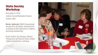 State Society
Workshop
November 4, 2018
Ashton United Methodist Church,
Ashton, MD
Becky Sadowski, DKG International
Second Vice President, facilitated the
workshop on Revitalization to address
declining membership.
Kelly Griffin, Sue Morgan, Minnie
Young (Eta) and Sharon Settle (Alpha
Alpha) attended the workshop.
 