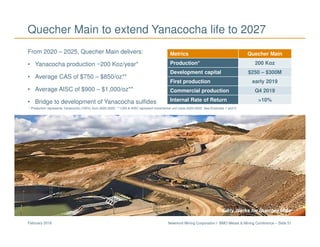 Newmont Mining Corporation I BMO Metals & Mining Conference – Slide 51February 2018
Quecher Main to extend Yanacocha life to 2027
Metrics Quecher Main
Production* 200 Koz
Development capital $250 – $300M
First production early 2019
Commercial production Q4 2019
Internal Rate of Return >10%
From 2020 – 2025, Quecher Main delivers:
• Yanacocha production ~200 Koz/year*
• Average CAS of $750 – $850/oz**
• Average AISC of $900 – $1,000/oz**
• Bridge to development of Yanacocha sulfides
Early Works for Quecher Main
* Production represents Yanacocha (100%) from 2020-2025; ** CAS & AISC represent incremental unit costs 2020-2025. See Endnotes 1 and 5.
 