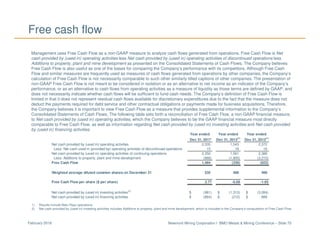 Newmont Mining Corporation I BMO Metals & Mining Conference – Slide 70February 2018
Free cash flow
Management uses Free Cash Flow as a non-GAAP measure to analyze cash flows generated from operations. Free Cash Flow is Net
cash provided by (used in) operating activities less Net cash provided by (used in) operating activities of discontinued operations less
Additions to property, plant and mine development as presented on the Consolidated Statements of Cash Flows. The Company believes
Free Cash Flow is also useful as one of the bases for comparing the Company’s performance with its competitors. Although Free Cash
Flow and similar measures are frequently used as measures of cash flows generated from operations by other companies, the Company’s
calculation of Free Cash Flow is not necessarily comparable to such other similarly titled captions of other companies. The presentation of
non-GAAP Free Cash Flow is not meant to be considered in isolation or as an alternative to net income as an indicator of the Company’s
performance, or as an alternative to cash flows from operating activities as a measure of liquidity as those terms are defined by GAAP, and
does not necessarily indicate whether cash flows will be sufficient to fund cash needs. The Company’s definition of Free Cash Flow is
limited in that it does not represent residual cash flows available for discretionary expenditures due to the fact that the measure does not
deduct the payments required for debt service and other contractual obligations or payments made for business acquisitions. Therefore,
the Company believes it is important to view Free Cash Flow as a measure that provides supplemental information to the Company’s
Consolidated Statements of Cash Flows. The following table sets forth a reconciliation of Free Cash Flow, a non-GAAP financial measure,
to Net cash provided by (used in) operating activities, which the Company believes to be the GAAP financial measure most directly
comparable to Free Cash Flow, as well as information regarding Net cash provided by (used in) investing activities and Net cash provided
by (used in) financing activities.
1) Results include Batu Hijau operations
2) Net cash provided by (used in) investing activities includes Additions to property, plant and mine development, which is included in the Company’s computation of Free Cash Flow.
Year ended Year ended Year ended
Dec 31, 2017 Dec 31, 2013(1)
Dec 31, 2012(1)
Net cash provided by (used in) operating activities 2,335 1,543 2,372
Less: Net cash used in (provided by) operating activities of discontinued operations 15 18 16
Net cash provided by (used in) operating activities of continuing operations 2,350 1,561 2,388
Less: Additions to property, plant and mine development (866) (1,900) (3,210)
Free Cash Flow 1,484 (339) (822)
Weighted average diluted common shares on December 31 535 498 499
Free Cash Flow per share ($ per share) 2.77 -0.68 -1.65
Net cash provided by (used in) investing activities(2)
(961)$ (1,313)$ (3,264)$
Net cash provided by (used in) financing activities (864)$ (212)$ 689$
 