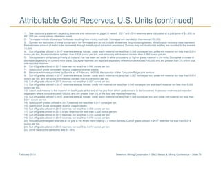 Newmont Mining Corporation I BMO Metals & Mining Conference – Slide 78February 2018
Attributable Gold Reserves, U.S. Units (continued)
1) See cautionary statement regarding reserves and resources on page 10 hereof. 2017 and 2016 reserves were calculated at a gold price of $1,200, or
A$1,600 per ounce unless otherwise noted.
2) Tonnages include allowances for losses resulting from mining methods. Tonnages are rounded to the nearest 100,000.
3) Ounces are estimates of metal contained in ore tonnages and do not include allowances for processing losses. Metallurgical recovery rates represent
the estimated amount of metal to be recovered through metallurgical extraction processes. Ounces may not recalculate as they are rounded to the nearest
10,000.
4) Cut-off grades utilized in 2017 reserves were as follows: oxide leach material not less than 0.006 ounce per ton; oxide mill material not less than 0.015
ounce per ton; flotation material not less than 0.016 ounce per ton; and refractory mill material not less than 0.080 ounce per ton.
5) Stockpiles are comprised primarily of material that has been set aside to allow processing of higher grade material in the mills. Stockpiles increase or
decrease depending on current mine plans. Stockpile reserves are reported separately where ounces exceed 100,000 and are greater than 5% of the total
site-reported reserves.
6) Cut-off grade utilized in 2017 reserves not less than 0.042 ounce per ton.
7) Gold cut-off grade varies with level of copper and silver credits.
8) Reserve estimates provided by Barrick as of February 14 2018, the operator of the Turquoise Ridge joint venture.
9) Cut-off grades utilized in 2017 reserves were as follows: oxide leach material not less than 0.007 ounce per ton; oxide mill material not less than 0.019
ounce per ton; and refractory mill material not less than 0.038 ounce per ton.
10) Cut-off grade utilized in 2017 reserves not less than 0.007 ounce per ton.
11) Cut-off grades utilized in 2017 reserves were as follows: oxide mill material not less than 0.040 ounce per ton and leach material not less than 0.005
ounce per ton.
12) Leach pad material is the material on leach pads at the end of the year from which gold remains to be recovered. In-process reserves are reported
separately where ounces exceed 100,000 and are greater than 5% of the total site-reported reserves.
13) Cut-off grades utilized in 2017 reserves were as follows: oxide leach material not less than 0.004 ounce per ton; and oxide mill material not less than
0.011 ounce per ton.
14) Gold cut-off grades utilized in 2017 reserves not less than 0.011 ounce per ton.
15) Gold cut-off grade varies with level of copper credits.
16) Cut-off grade utilized in 2017 reserves not less than 0.058 ounce per ton.
17) Cut-off grade utilized in 2017 in situ reserves not less than 0.026 ounce per ton.
18) Cut-off grade utilized in 2017 reserves not less than 0.016 ounce per ton.
19) Cut-off grade utilized in 2017 reserves not less than 0.076 ounce per ton.
20) Includes undeveloped reserves at six pits in the Ahafo trend totaling 3.4 million ounces. Cut-off grade utilized in 2017 reserves not less than 0.014
ounce per ton.
21) Cut-off grade utilized in 2017 reserves not less than 0.017 ounce per ton.
22) 2016 Yanacocha ownership was 51.35%
 