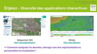 Geek Lunch MTES | GéoVisualisation
Charlotte Hoarau - 8.3.18
Enjeux - Diversité des applications interactives
=> Comment manipuler les données, interagir avec leur représentation ou
personnaliser la visualisation ?
Windy
https://www.windy.com/
Géoportail, IGN
https://www.geoportail.gouv.fr
 