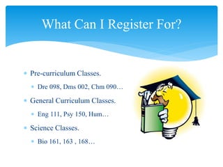  Pre-curriculum Classes.
 Dre 098, Dms 002, Chm 090…
 General Curriculum Classes.
 Eng 111, Psy 150, Hum…
 Science Classes.
 Bio 161, 163 , 168…
What Can I Register For?
 