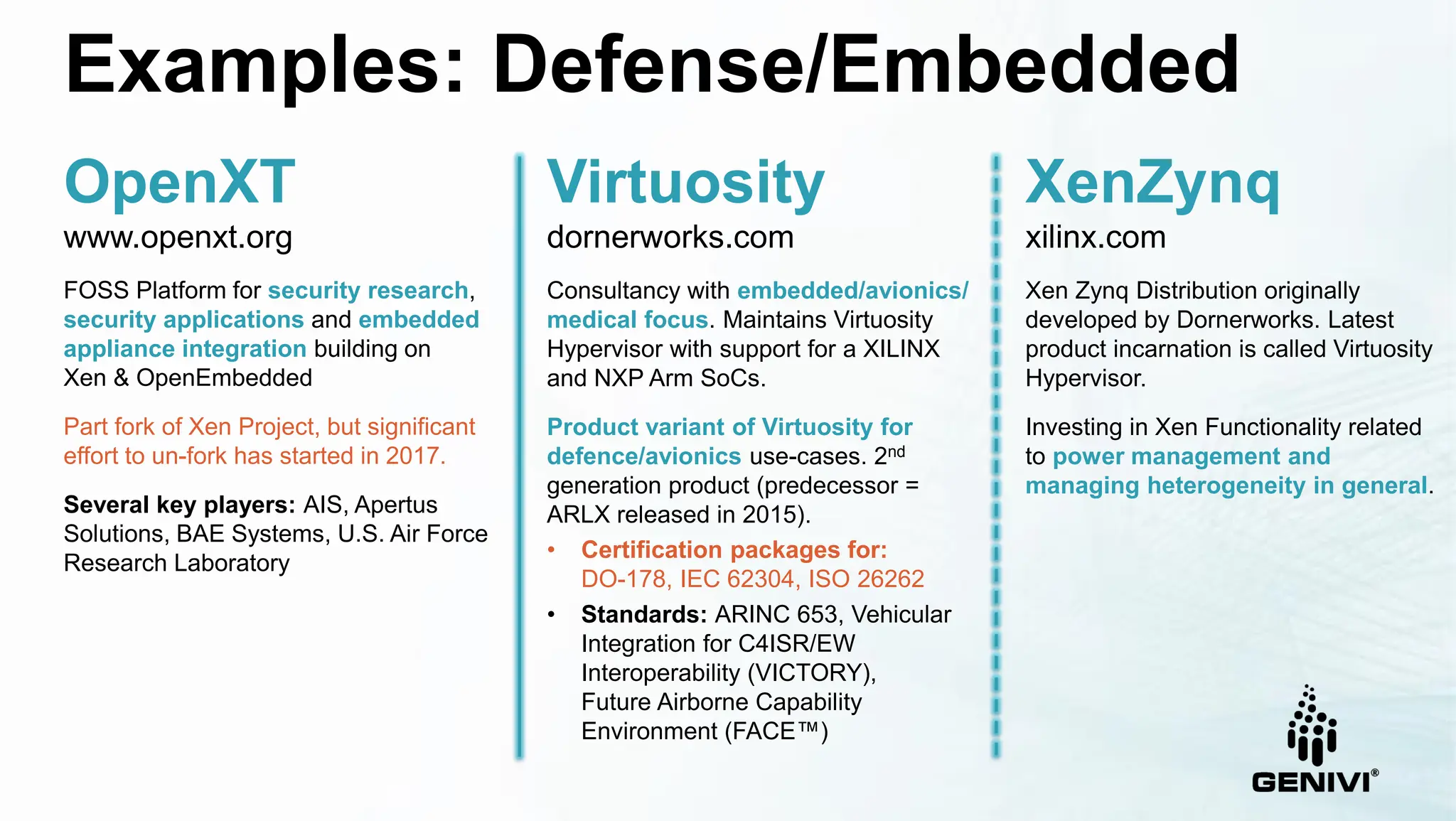 Examples: Defense/Embedded
OpenXT
www.openxt.org
FOSS Platform for security research,
security applications and embedded
appliance integration building on
Xen & OpenEmbedded
Part fork of Xen Project, but significant
effort to un-fork has started in 2017.
Several key players: AIS, Apertus
Solutions, BAE Systems, U.S. Air Force
Research Laboratory
XenZynq
xilinx.com
Xen Zynq Distribution originally
developed by Dornerworks. Latest
product incarnation is called Virtuosity
Hypervisor.
Investing in Xen Functionality related
to power management and
managing heterogeneity in general.
Virtuosity
dornerworks.com
Consultancy with embedded/avionics/
medical focus. Maintains Virtuosity
Hypervisor with support for a XILINX
and NXP Arm SoCs.
Product variant of Virtuosity for
defence/avionics use-cases. 2nd
generation product (predecessor =
ARLX released in 2015).
• Certification packages for:
DO-178, IEC 62304, ISO 26262
• Standards: ARINC 653, Vehicular
Integration for C4ISR/EW
Interoperability (VICTORY),
Future Airborne Capability
Environment (FACE™)
 
