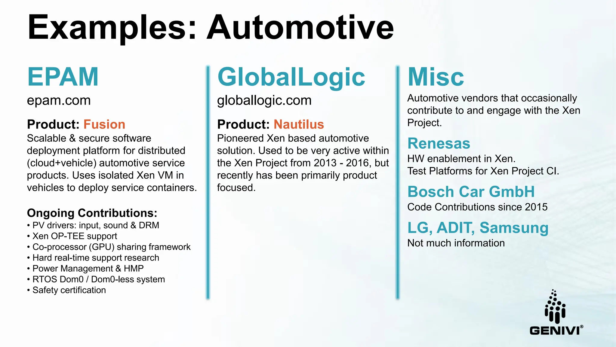Misc
Automotive vendors that occasionally
contribute to and engage with the Xen
Project.
Renesas
HW enablement in Xen.
Test Platforms for Xen Project CI.
Bosch Car GmbH
Code Contributions since 2015
LG, ADIT, Samsung
Not much information
Examples: Automotive
EPAM
epam.com
Product: Fusion
Scalable & secure software
deployment platform for distributed
(cloud+vehicle) automotive service
products. Uses isolated Xen VM in
vehicles to deploy service containers.
Ongoing Contributions:
• PV drivers: input, sound & DRM
• Xen OP-TEE support
• Co-processor (GPU) sharing framework
• Hard real-time support research
• Power Management & HMP
• RTOS Dom0 / Dom0-less system
• Safety certification
GlobalLogic
globallogic.com
Product: Nautilus
Pioneered Xen based automotive
solution. Used to be very active within
the Xen Project from 2013 - 2016, but
recently has been primarily product
focused.
 