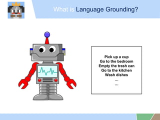 What is Language Grounding?
Pick up a cup
Go to the bedroom
Empty the trash can
Go to the kitchen
Wash dishes


 