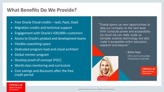 Copyright © 2018, Oracle and/or its affiliates. All rights reserved. |
What Benefits Do We Provide?
 Free Oracle Cloud credits – IaaS, PaaS, DaaS
 Migration credits and technical support
 Engagement with Oracle’s 430,000+ customers
 Access to Oracle’s product and development teams
 Flexible coworking space
 Dedicated program lead and cloud architect
 Global mentor program
 Develop proof-of-concept (POC)
 World-class mentoring and curriculum
 Cost savings and discounts after the free
credit period
 