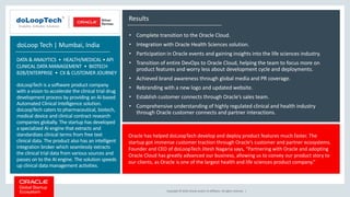 Copyright © 2018, Oracle and/or its affiliates. All rights reserved. |
Results
• Complete transition to the Oracle Cloud.
• Integration with Oracle Health Sciences solution.
• Participation in Oracle events and gaining insights into the life sciences industry.
• Transition of entire DevOps to Oracle Cloud, helping the team to focus more on
product features and worry less about development cycle and deployments.
• Achieved brand awareness through global media and PR coverage.
• Rebranding with a new logo and updated website.
• Establish customer connects through Oracle’s sales team.
• Comprehensive understanding of highly regulated clinical and health industry
through Oracle customer connects and partner interactions.
Oracle has helped doLoopTech develop and deploy product features much faster. The
startup got immense customer traction through Oracle’s customer and partner ecosystems.
Founder and CEO of doLoopTech Jitesh Nagaria says, “Partnering with Oracle and adopting
Oracle Cloud has greatly advanced our business, allowing us to convey our product story to
our clients, as Oracle is one of the largest health and life sciences product company.”
doLoop Tech | Mumbai, India
DATA & ANALYTICS • HEALTH/MEDICAL • API
CLINICAL DATA MANAGEMENT • BIOTECH
B2B/ENTERPRISE • CX & CUSTOMER JOURNEY
doLoopTech is a software product company
with a vision to accelerate the clinical trial drug
development process by providing an AI-based
Automated Clinical Intelligence solution.
doLoopTech caters to pharmaceutical, biotech,
medical device and clinical contract research
companies globally. The startup has developed
a specialized AI engine that extracts and
standardizes clinical terms from free text
clinical data. The product also has an intelligent
integration broker which seamlessly extracts
the clinical trial data from various sources and
passes on to the AI engine. The solution speeds
up clinical data management activities.
 