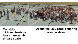 Alienating: 300 people sharing
the same elevator
Convivial:
12 households or
less share semi-
private space
 