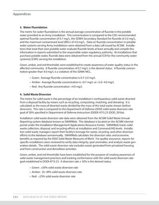 124 2018 HEALTH OF THE FORCE REPORT
Appendices
3. Water Fluoridation
The metric for water fluoridation is the annual average concentration of fluoride in the potable
water provided to an Army installation. This concentration is compared to the CDC-recommended
optimal fluoride concentration of 0.7 mg/L, the SDWA Secondary Standard for fluoride of 2.0 mg/L,
and the maximum contaminant level (MCL) of 4.0 mg/L. Data on fluoride concentration in potable
water systems serving Army installations were obtained from a data call issued by ACSIM. Installa-
tions that treat their own potable water evaluate fluoride levels at least annually and compile this
information in reports submitted to the responsible water regulatory authority. At installations that
purchase potable water, fluoride data were obtained from the annual CCR for the community water
system(s) (CWS) serving the installation.
Green, amber, and red thresholds were established to create awareness of water quality status in the
affected community. A fluoride concentration of 0.7 mg/L is the desired status. A fluoride concen-
tration greater than 4.0 mg/L is a violation of the SDWA MCL.
•	 Green: Average fluoride concentration is 0.7–2.0 mg/L
•	 Amber: Average fluoride concentration is <0.7 mg/L or >2.0–4.0 mg/L
•	 Red: Any fluoride concentration >4.0 mg/L
4. Solid Waste Diversion
The metric for solid waste is the percentage of an installation’s nonhazardous solid waste diverted
from a disposal facility by means such as recycling, composting, mulching, and donating. It is
calculated as the mass of diverted waste divided by the mass of the total waste stream (before
diversion). This rate is compared to the Department of Defense (DOD) solid waste diversion rate
goal of 50% specified in Department of Defense Instruction (DODI) 4715.23 (DOD, 2016a).
Installation solid waste diversion rate data were obtained from the ACSIM Solid Waste Annual
Reporting system database known as SWARWeb. This database is located on the ACSIM internet
portal under the Installation Management Applications Resource Center. SWARWeb tracks solid
waste collection, disposal, and recycling efforts at installation and Command/HQ levels. Installa-
tion solid waste managers report their facility’s tonnage for waste, recycling, and other diversion
efforts to the database semiannually. SWARWeb calculates the diversion rates and economic
benefits as required by the DOD Solid Waste Measures of Merit. For quality assurance, reports for
specific installations were reviewed to verify data integrity, spot anomalies, and analyze waste gen-
eration details. The solid waste diversion rate excludes waste generated from privatized housing
and from construction and demolition activities.
Green, amber, and red thresholds have been established for the purpose of creating awareness of
solid waste management practices and tracking conformance with the solid waste diversion rate
goal established in DODI 4715.23. A diversion rate ≥ 50% is the desired status.
•	 Green: ≥50% solid waste diversion rate
•	 Amber: 25–49% solid waste diversion rate
•	 Red: <25% solid waste diversion rate
 
