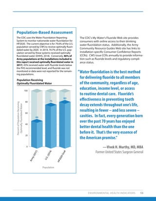 ENVIRONMENTAL HEALTH INDICATORS 53
The CDC’s My Water’s Fluoride Web site provides
consumers with online access to their drinking
water fluoridation status. Additionally, the Army
Community Resource Guides Web site has links to
installation-specific Consumer Confidence Reports
(CCRs). CWS issue CCRs annually to provide informa-
tion such as fluoride levels and regulatory compli-
ance status.
Population-Based Assessment
The CDC uses the Water Fluoridation Reporting
System to monitor nationwide water fluoridation for
HP2020. The current objective is for 79.6% of the U.S.
population served by CWS to receive optimally fluori-
dated water by 2020. In 2014, 74.7% of the U.S. pop-
ulation served by these systems received optimally
fluoridated water (DHHS, 2018). Conversely, 46% of
Army populations at the installations included in
this report received optimally fluoridated water in
2017, 43% received water with fluoride levels below
the PHS recommended level, and fluoride was not
monitored or data were not reported for the remain-
ing populations.
Population Receiving
Optimally Fluoridated Water
20
0
40
60
80
100
75
46
80
PercentofPopulationReceiving
OptimallyFluoridatedWater
Population
Army(2017)
U.S.(2014)
HP2020Goal
“Water fluoridation is the best method
for delivering fluoride to all members
of the community, regardless of age,
education, income level, or access
to routine dental care. Fluoride’s
effectiveness in preventing tooth
decay extends throughout one’s life,
resulting in fewer – and less severe –
cavities. In fact, every generation born
over the past 70 years has enjoyed
better dental health than the one
before it. That’s the very essence of
the American promise.”
—Vivek H. Murthy, MD, MBA
Former United States Surgeon General
 