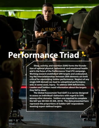 Performance Triad
	 Sleep, activity, and nutrition (SAN) forms the founda-
tion of optimal physical, behavioral, and emotional health
and is the focus of the Performance Triad (P3) campaign.
Working toward established SAN targets and understand-
ing the interrelationships between SAN elements are both
critical for maximizing Soldier performance. Neglect of any
single SAN domain can lead to suboptimal performance
and, in some cases, injury. To address SAN deficiencies,
Leaders and Soldiers need information about the targets
they fail to meet.
	 The Global Assessment Tool (GAT) is a survey designed
to assess an individual’s behaviors with regard to SAN,
among other domains. Soldiers are required to complete
the GAT per AR 350-53 (DA, 2014). The data presented here
represent the proportions of Soldier GAT respondents
meeting expert-defined targets.
 
