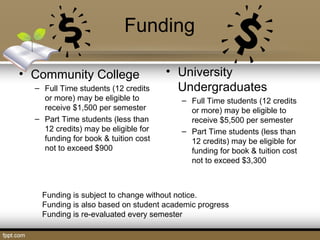 Funding
• Community College
– Full Time students (12 credits
or more) may be eligible to
receive $1,500 per semester
– Part Time students (less than
12 credits) may be eligible for
funding for book & tuition cost
not to exceed $900
• University
Undergraduates
– Full Time students (12 credits
or more) may be eligible to
receive $5,500 per semester
– Part Time students (less than
12 credits) may be eligible for
funding for book & tuition cost
not to exceed $3,300
Funding is subject to change without notice.
Funding is also based on student academic progress
Funding is re-evaluated every semester
 