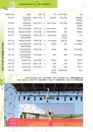 telmond.smarticket.co.il 09-7777600 .
13
± ß ≠ ˇ ± ß ≠
≠ ∂≤ ß ≠ ˇ ± ß ≠ ˇ ≥ ß ≠
Ø
Æ Æß±∂∫¥µ ≠±∑∫≥∞¢ ≤±∞
≠ Æß±∑∫≥∞ ≠±∏∫±µ¢ ≤±∞
Æ ≠ Æ Æß±∑∫∞∞≠±∑∫¥µ¢¢ ±π∞
Æ ≠ Æ Æß±∑∫¥µ≠±∏∫≥∞¢¢ ±π∞
ß≠ Æß±∑∫∞∞≠±∑∫¥µ≠¢ ±∑∞
¥≠µß±∑∫∞∞≠±∑∫¥µ¢¢ ±∑∞
Æß±∂∫±µ≠±∑∫∞∞≠¢ ±∑∞
Æß±∑∫∞∞≠±∑∫¥µ≠¢ ±∑∞
ß±∑∫¥µ≠±∏∫≥∞≠¢ ±∑∞
ß±∑∫¥µ≠±∏∫≥∞¢ ±∑∞
ß±∂∫¥µ ≠±∑∫≥∞¢ ±∑∞
ß±∑∫≥∞ ≠±∏∫±µ¢ ±∑∞
≤¥ ß
¢ ±∑∞
‫הרך‬‫לגיל‬‫ספורט‬‫מרכז‬
 