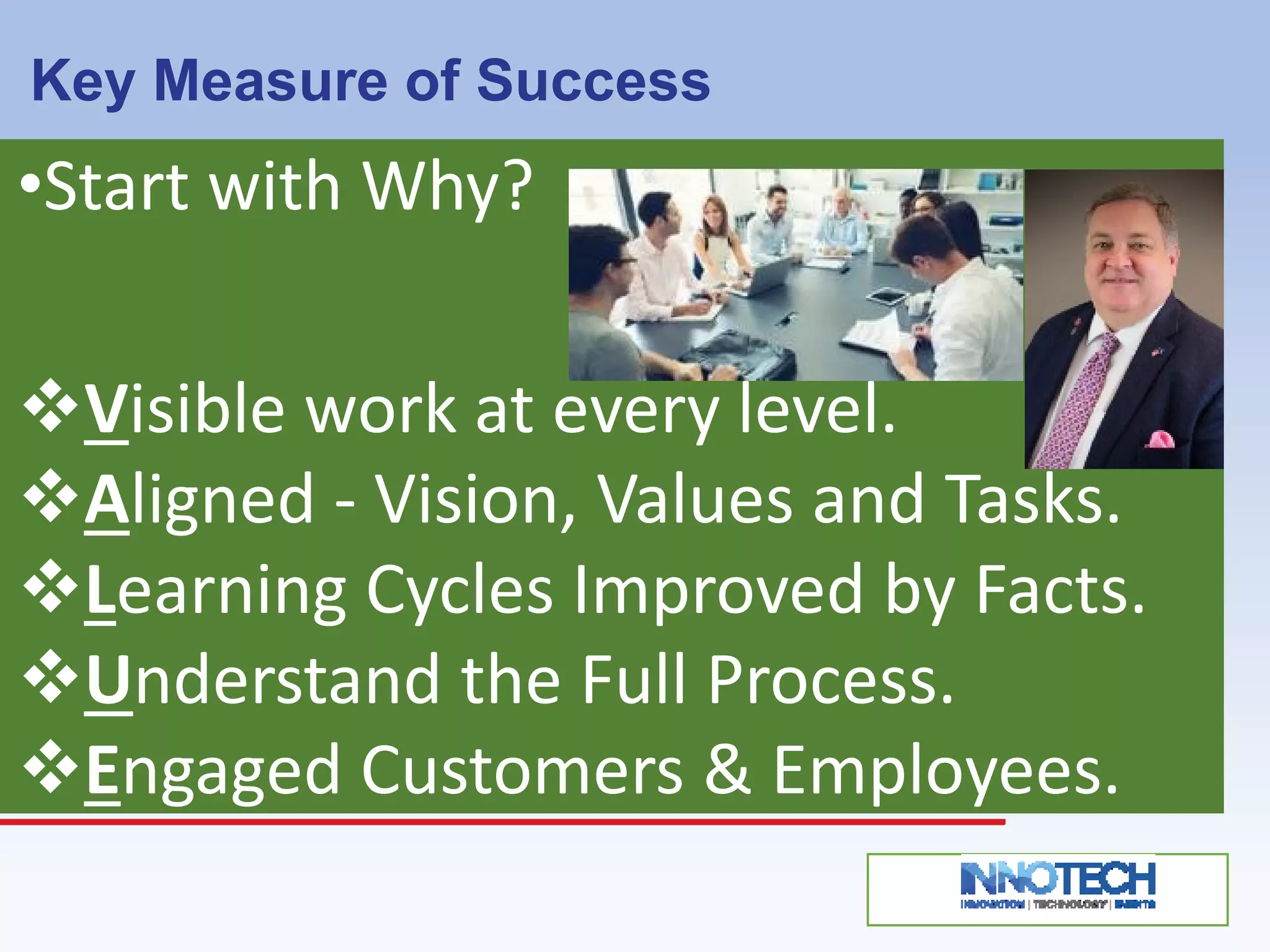 Key Measure of Success
•Start with Why?
❖Visible work at every level.
❖Aligned - Vision, Values and Tasks.
❖Learning Cycles Improved by Facts.
❖Understand the Full Process.
❖Engaged Customers & Employees.
 