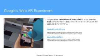 Copyright @Hirokazu Egashira. All right reserved.
https://github.com/google-ar/WebARonARCore
https://github.com/google-ar/WebARonARKit
 