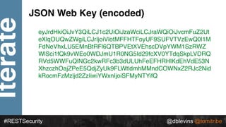 @dblevins @tomitribe
Iterate
#RESTSecurity @dblevins @tomitribe
JSON Web Key (encoded)
eyJrdHkiOiJvY3QiLCJ1c2UiOiJzaWciLCJ...